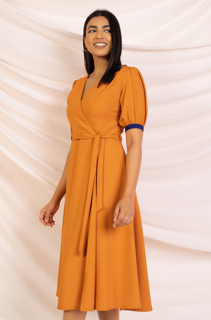 Orange Wrap Style A-line Midi Dress