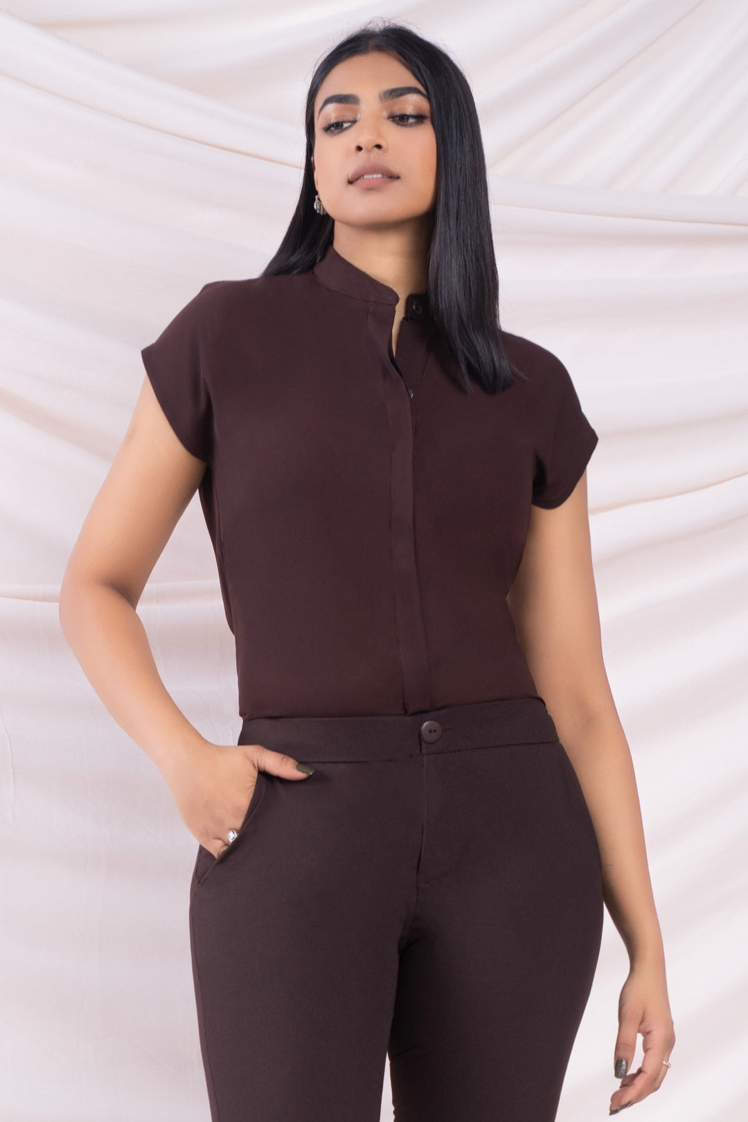 Brown Chinese Collar Top