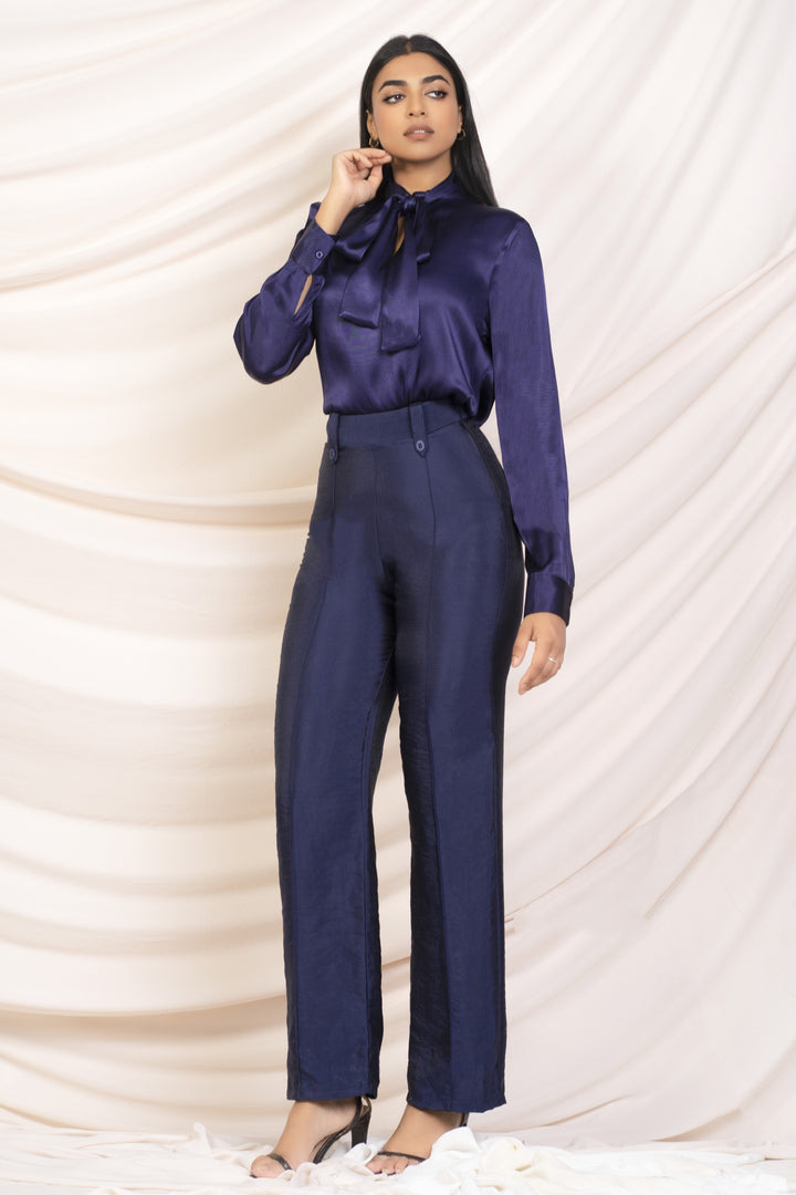 Blue Satin Neck Tie Top
