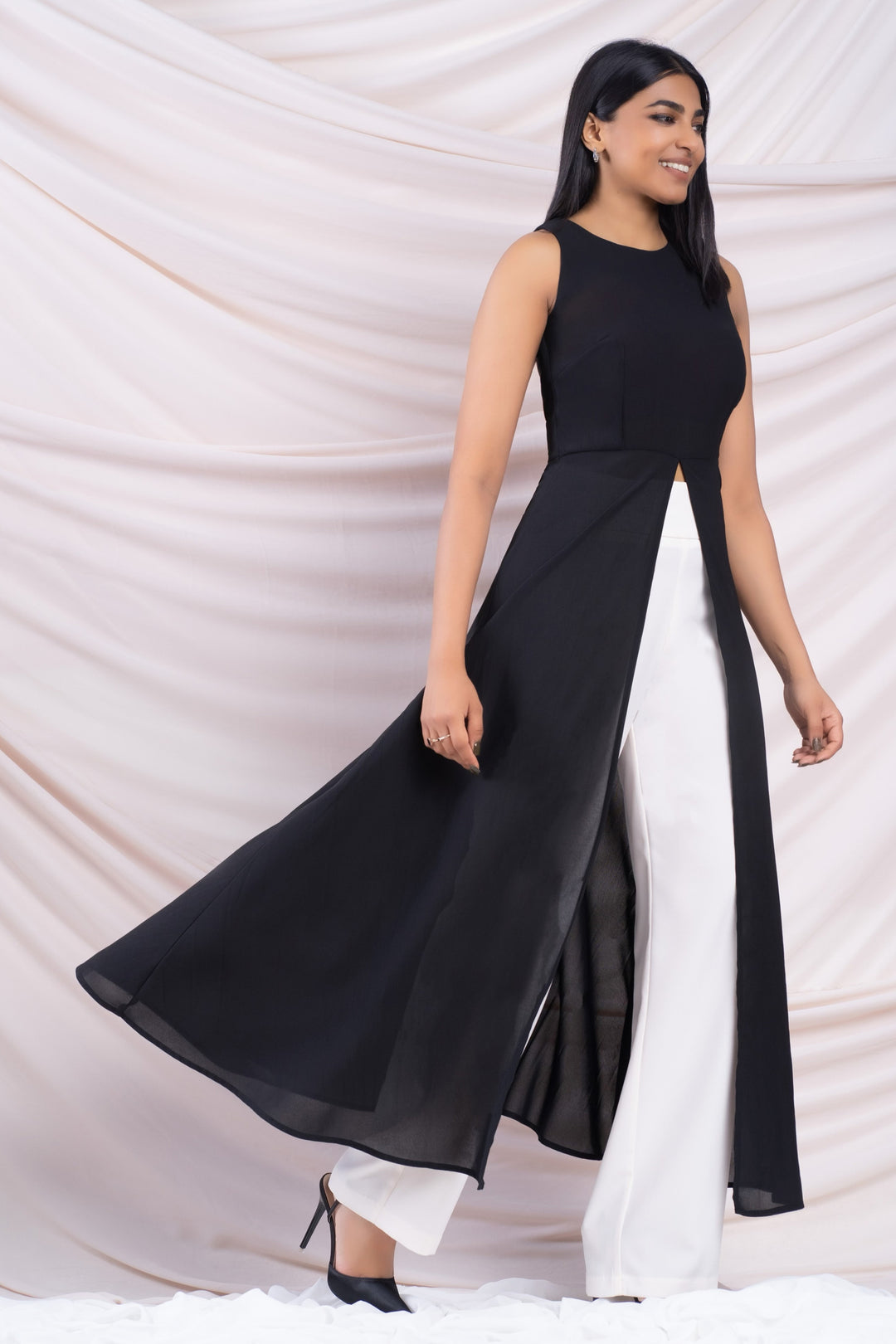 Black Front Slit Long Top