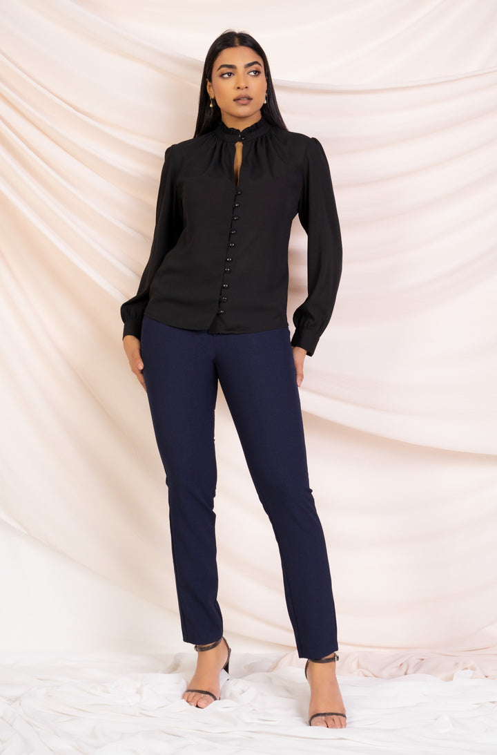 Black High Neck Button Up Blouse - Regular Fit