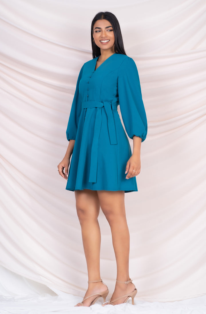 Blue Puff Sleeve Mini Dress