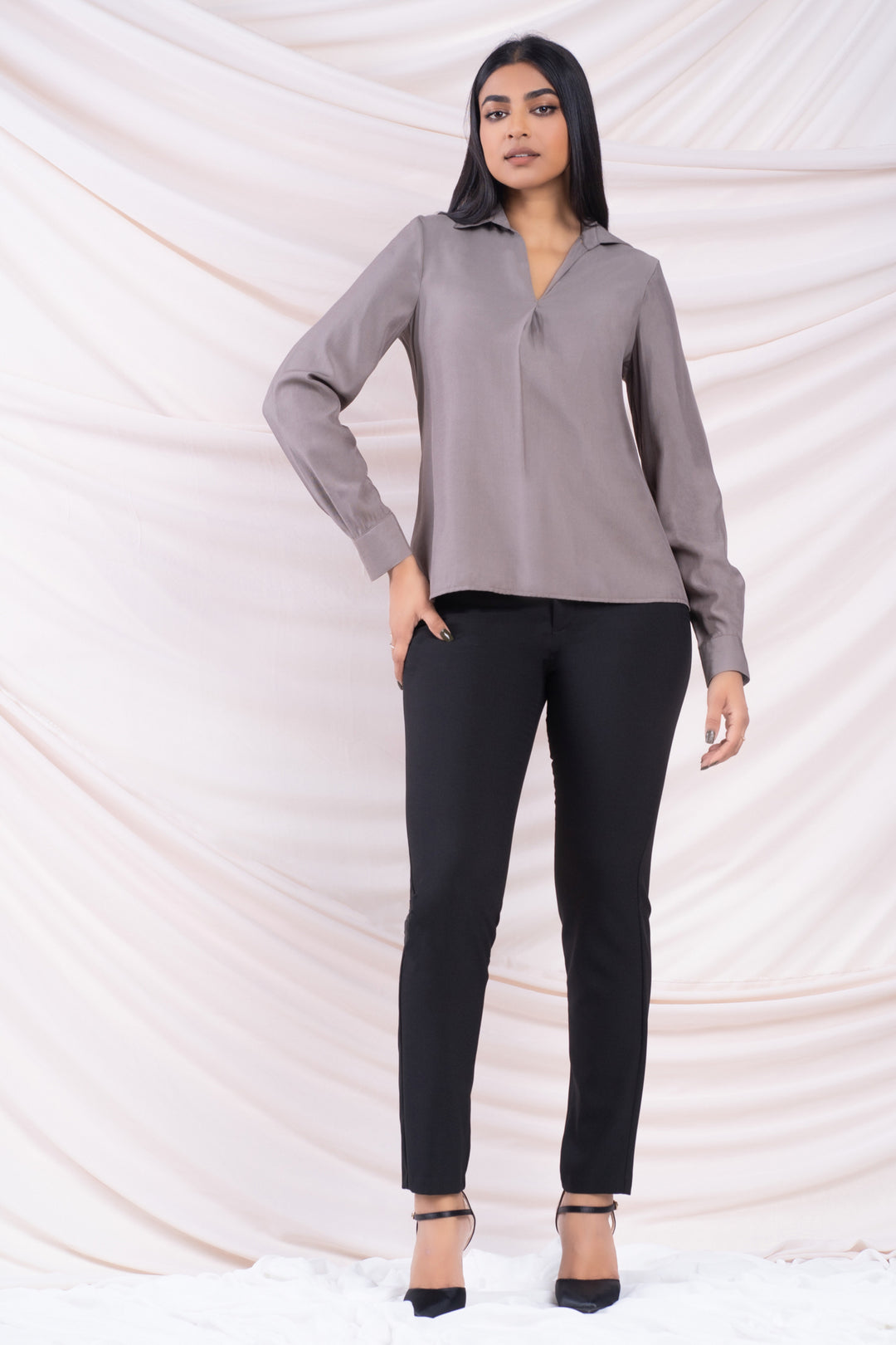 Grey Pleat Detail Shirt