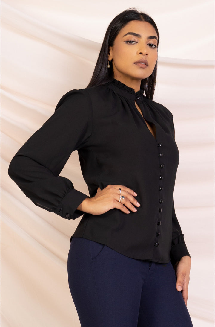 Black High Neck Button Up Blouse - Regular Fit