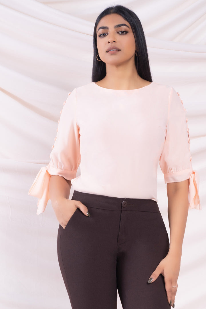 Peach Sleeve Button Detail Top
