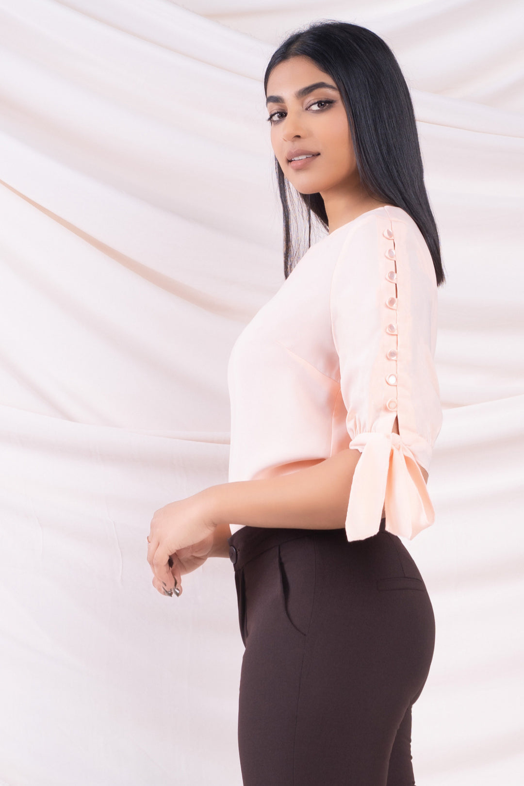 Peach Sleeve Button Detail Top