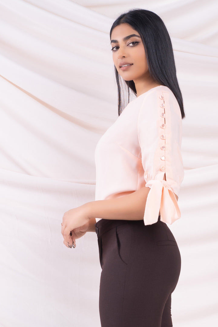 Peach Sleeve Button Detail Top