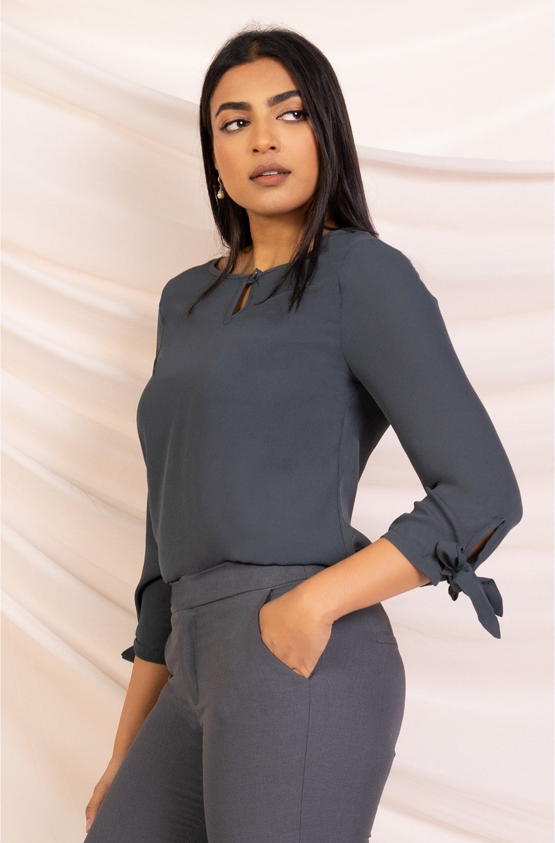 Grey Sleeve Tie Detail Top