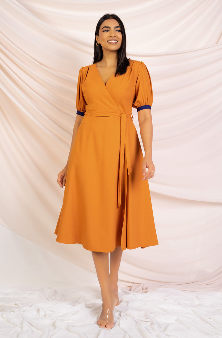 Orange Wrap Style A-line Midi Dress
