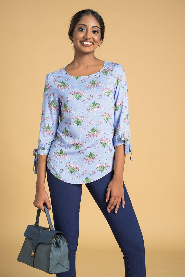 Printed Sleeve Tie Top - Regular Fit, Top, Office Tops, Regular Fit, Short Sleeves - MONDY, Sri Lankan women's clothing office wear party dresses jackets pants comfort, style quality