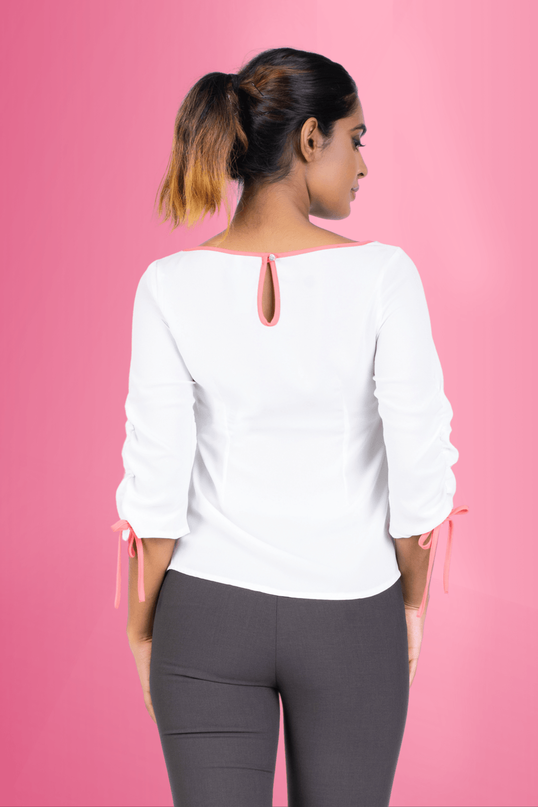 Sleeve Tie White Top - Slim Fit, Top, Office Tops, Short Sleeves, Slim Fit - MONDY, Sri Lankan women's clothing office wear party dresses jackets pants comfort, style quality