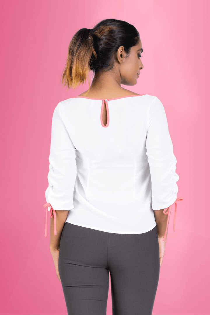Sleeve Tie White Top - Slim Fit, Top, Office Tops, Short Sleeves, Slim Fit - MONDY, Sri Lankan women's clothing office wear party dresses jackets pants comfort, style quality