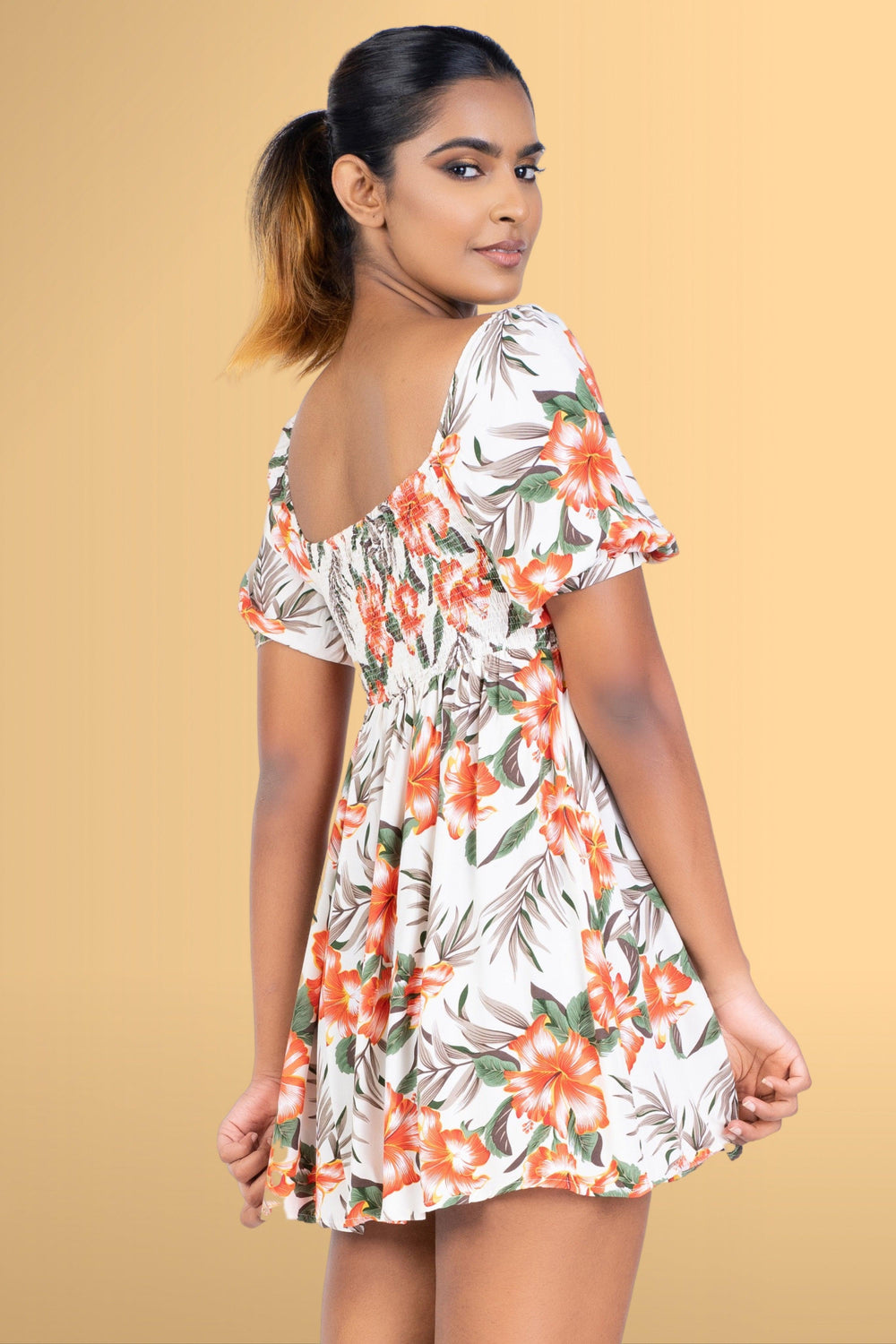 Printed Square Neck Dress - Slim Fit, Dress, Holiday, Holiday Dresses, Mini Dresses, Short Sleeves, Slim Fit - MONDY, Sri Lankan women's clothing office wear party dresses jackets pants comfo