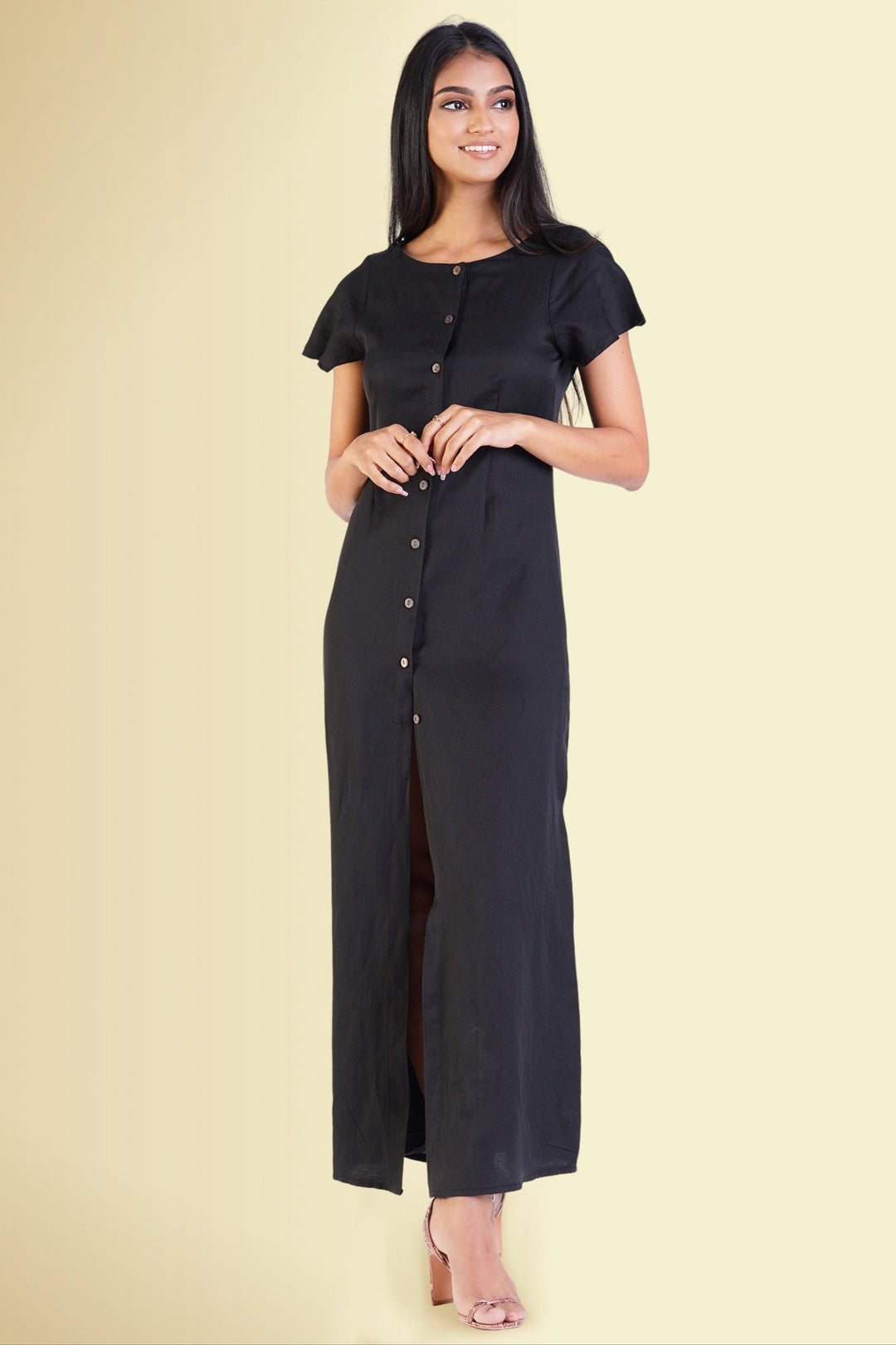 Button Front Maxi Dress - Regular Fit, Maxi Dress, Linen Dresses, Maxi Dresses, Office Dresses, Regular Fit, Short Sleeves - MONDY, Sri Lankan women's clothing office wear party dresses jacke