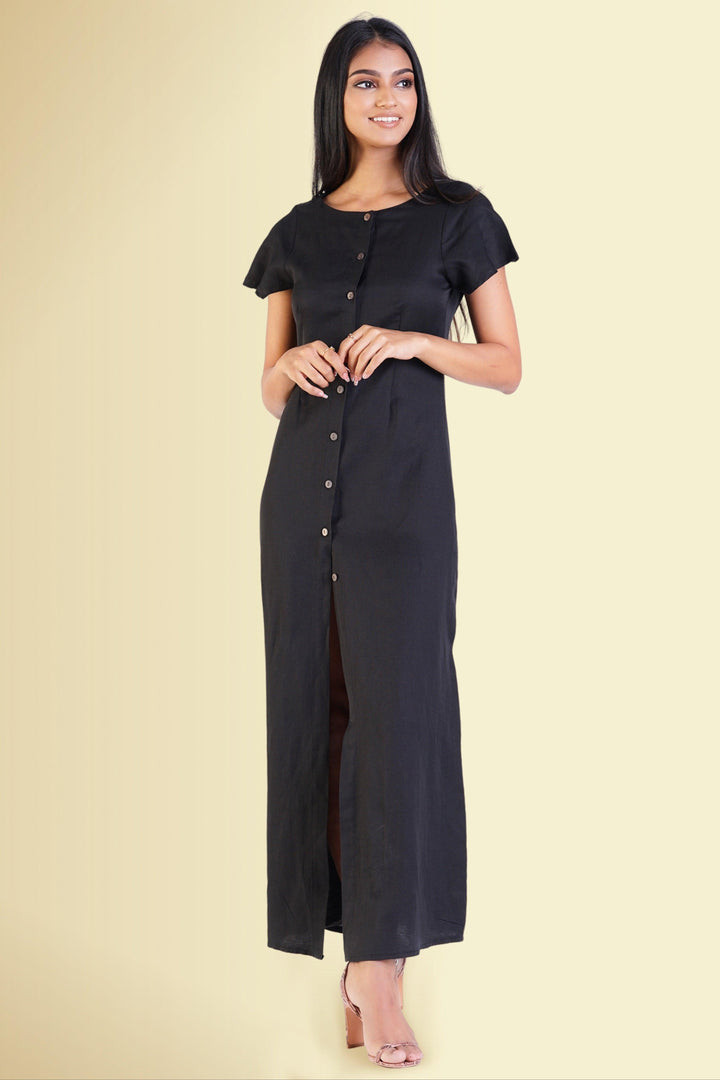 Button Front Maxi Dress - Regular Fit, Maxi Dress, Linen Dresses, Maxi Dresses, Office Dresses, Regular Fit, Short Sleeves - MONDY, Sri Lankan women's clothing office wear party dresses jacke