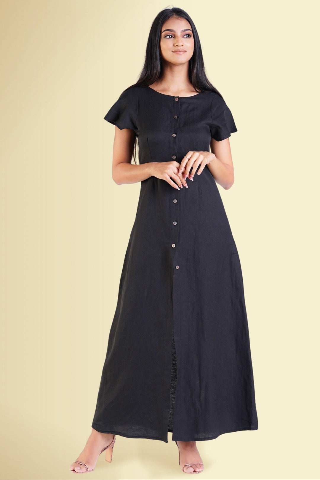 Button Front Maxi Dress - Regular Fit, Maxi Dress, Linen Dresses, Maxi Dresses, Office Dresses, Regular Fit, Short Sleeves - MONDY, Sri Lankan women's clothing office wear party dresses jacke