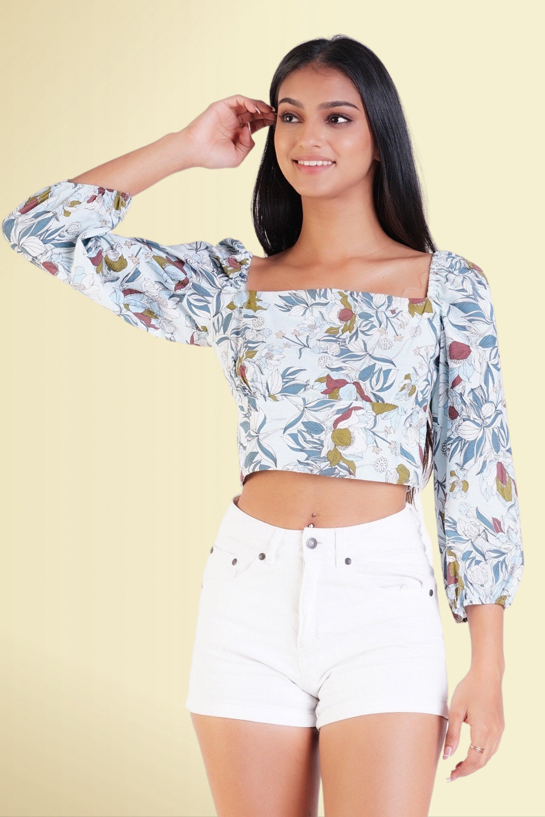 Printed Square Neck Crop Top - Slim Fit, Top, Evening Top, Holiday, Holiday Tops, Short Sleeves, Slim Fit - MONDY, Sri Lankan women's clothing office wear party dresses jackets pants comfort,