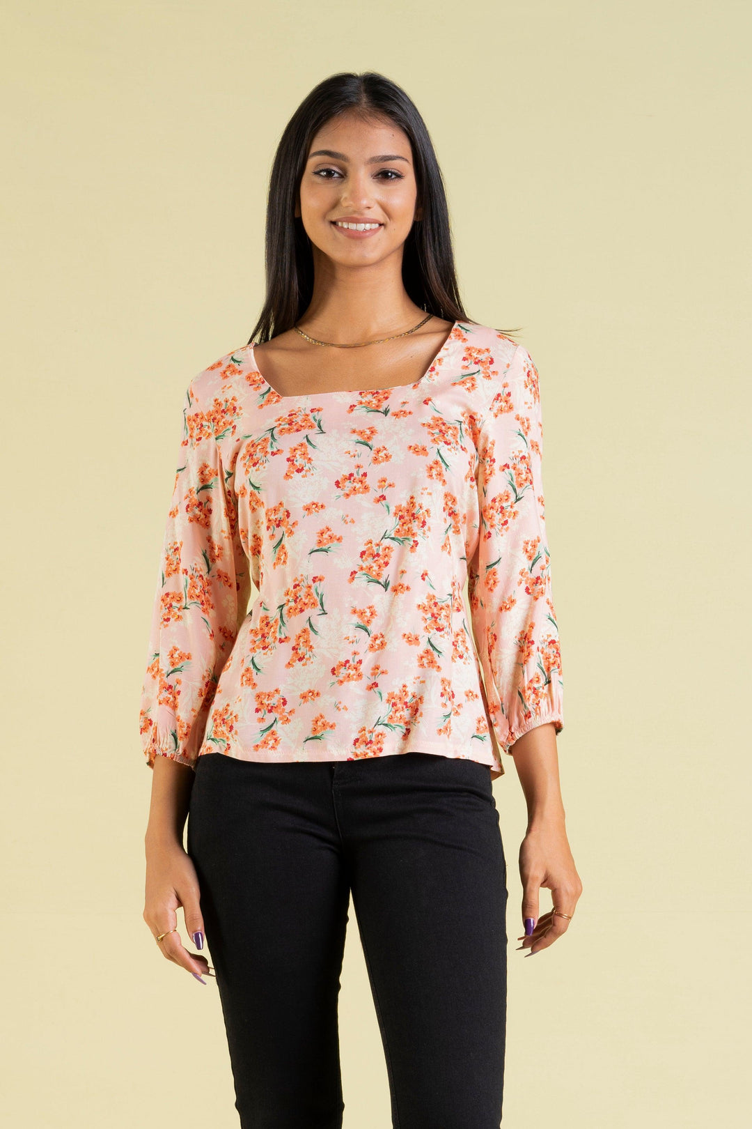 Square Neckline Floral Print Top - Regular Fit, Top, Office Tops, Regular Fit, Short Sleeves - MONDY, Sri Lankan women's clothing office wear party dresses jackets pants comfort, style qualit