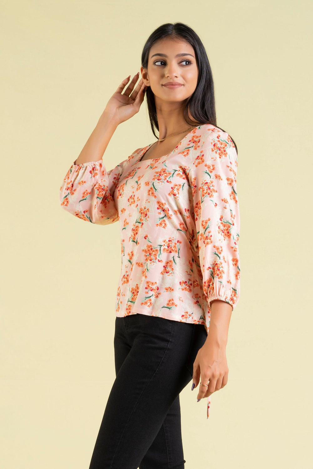 Square Neckline Floral Print Top - Regular Fit, Top, Office Tops, Regular Fit, Short Sleeves - MONDY, Sri Lankan women's clothing office wear party dresses jackets pants comfort, style qualit