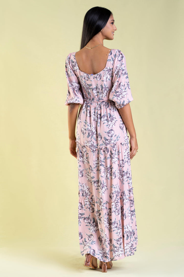Square Neck Printed Dress - Slim Fit, Maxi Dress, Evening Dresses, Holiday, Holiday Dresses, Maxi Dresses, Short Sleeves, Slim Fit - MONDY, Sri Lankan women's clothing office wear party dress