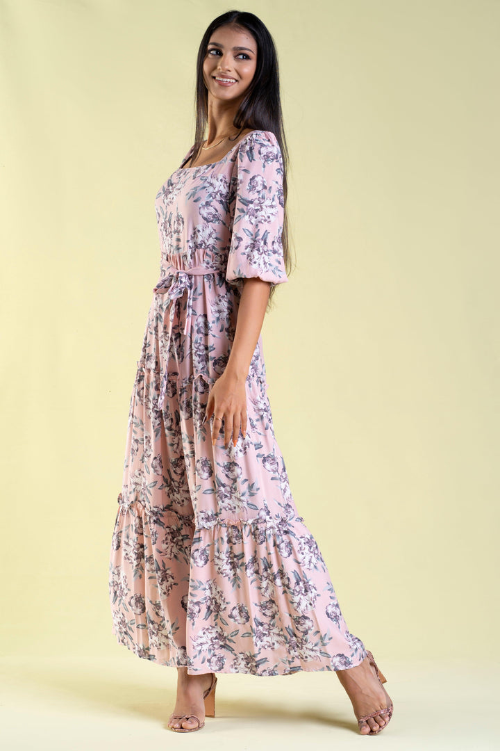 Square Neck Printed Dress - Slim Fit, Maxi Dress, Evening Dresses, Holiday, Holiday Dresses, Maxi Dresses, Short Sleeves, Slim Fit - MONDY, Sri Lankan women's clothing office wear party dress