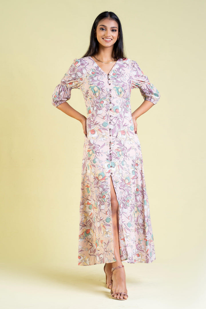 Printed Buttoned Front Maxi Dress - Slim Fit, Maxi Dress, Holiday, Holiday Dresses, Maxi Dresses, Short Sleeves, Slim Fit - MONDY, Sri Lankan women's clothing office wear party dresses jacket