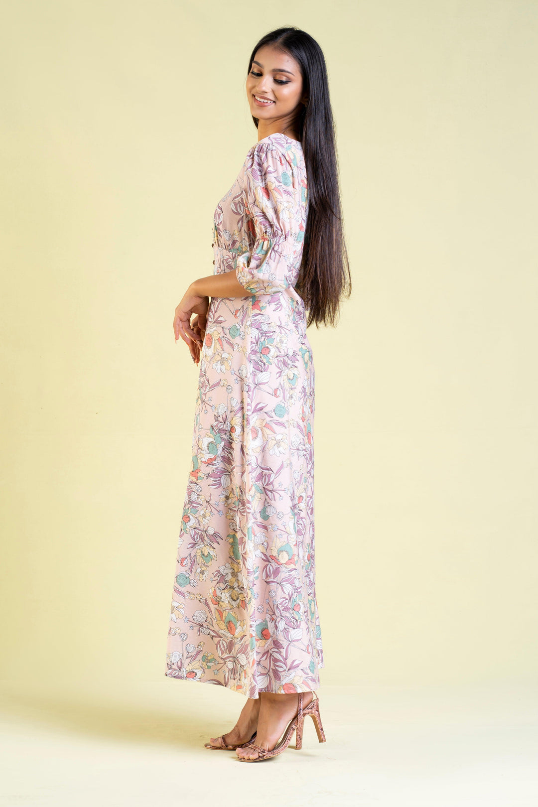 Printed Buttoned Front Maxi Dress - Slim Fit, Maxi Dress, Holiday, Holiday Dresses, Maxi Dresses, Short Sleeves, Slim Fit - MONDY, Sri Lankan women's clothing office wear party dresses jacket