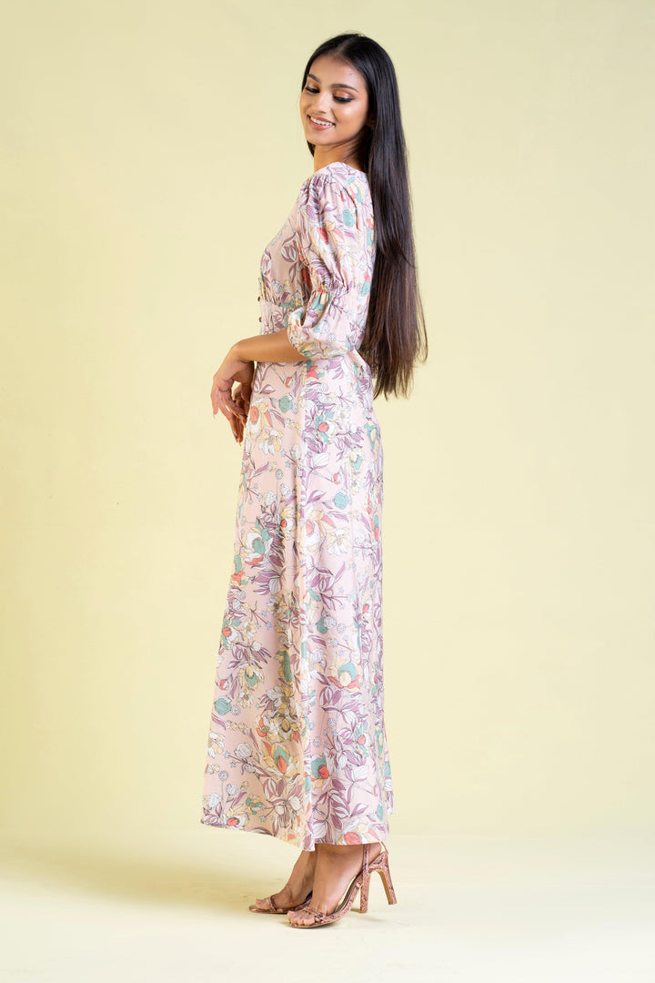 Printed Buttoned Front Maxi Dress - Slim Fit, Maxi Dress, Holiday, Holiday Dresses, Maxi Dresses, Short Sleeves, Slim Fit - MONDY, Sri Lankan women's clothing office wear party dresses jacket