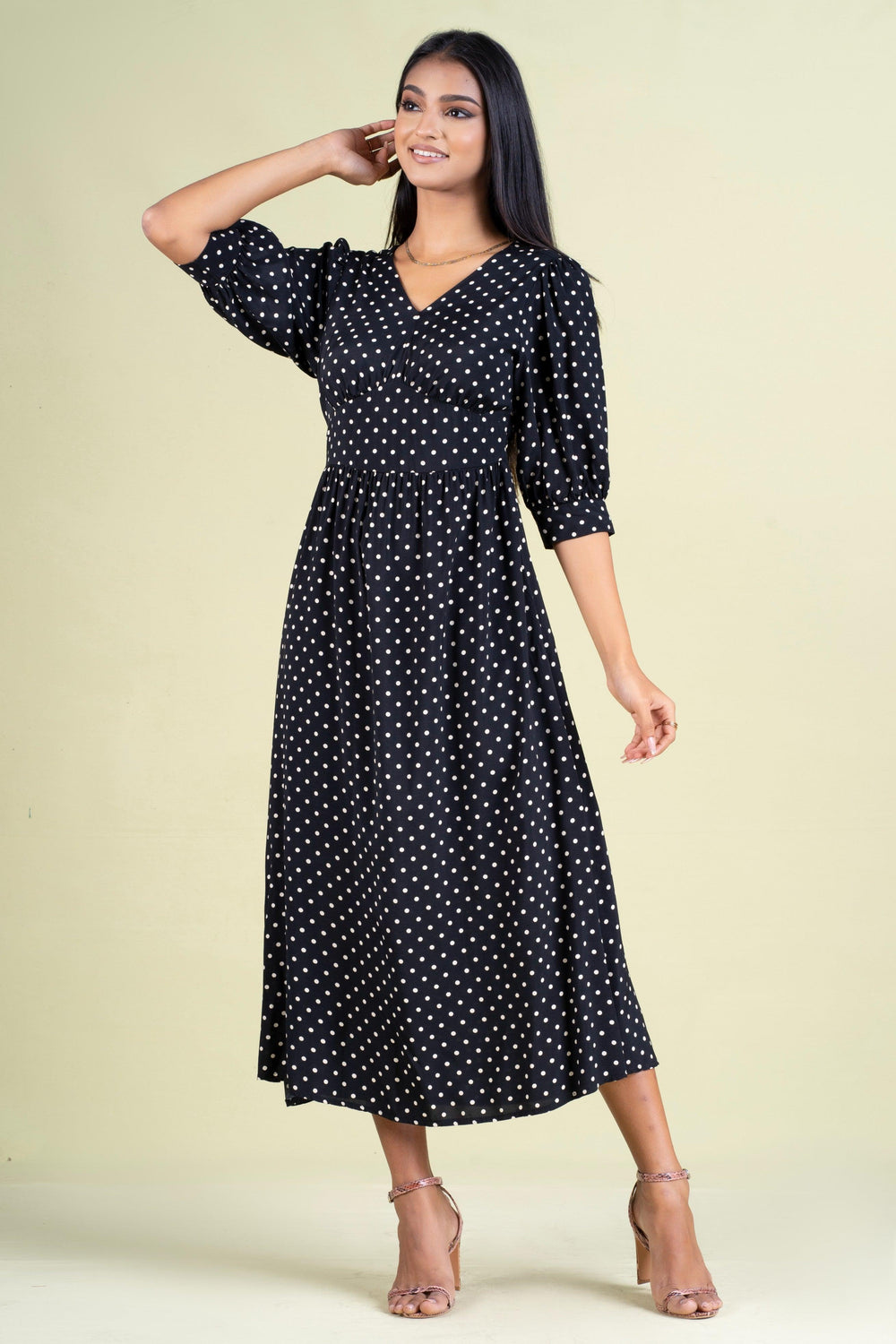 Polka Dots Maxi Dress - Slim Fit, Maxi Dress, Evening Dresses, Maxi Dresses, Office Dresses, Short Sleeves, Slim Fit - MONDY, Sri Lankan women's clothing office wear party dresses jackets pan