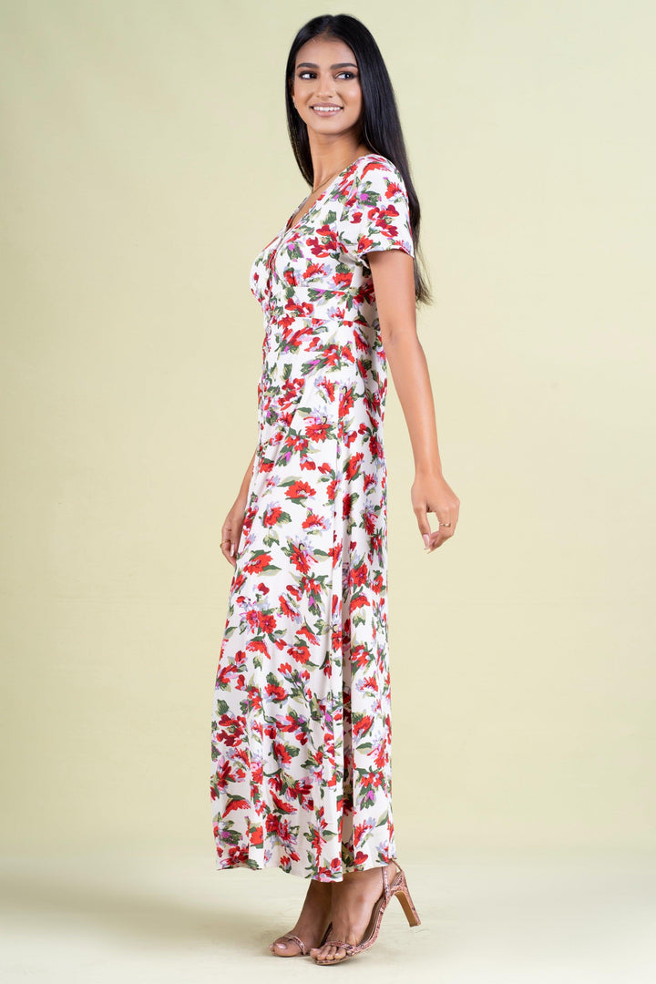 Printed Front Slit Maxi Dress - Slim Fit, Maxi Dress, Holiday, Holiday Dresses, Maxi Dresses, Short Sleeves, Slim Fit - MONDY, Sri Lankan women's clothing office wear party dresses jackets pa