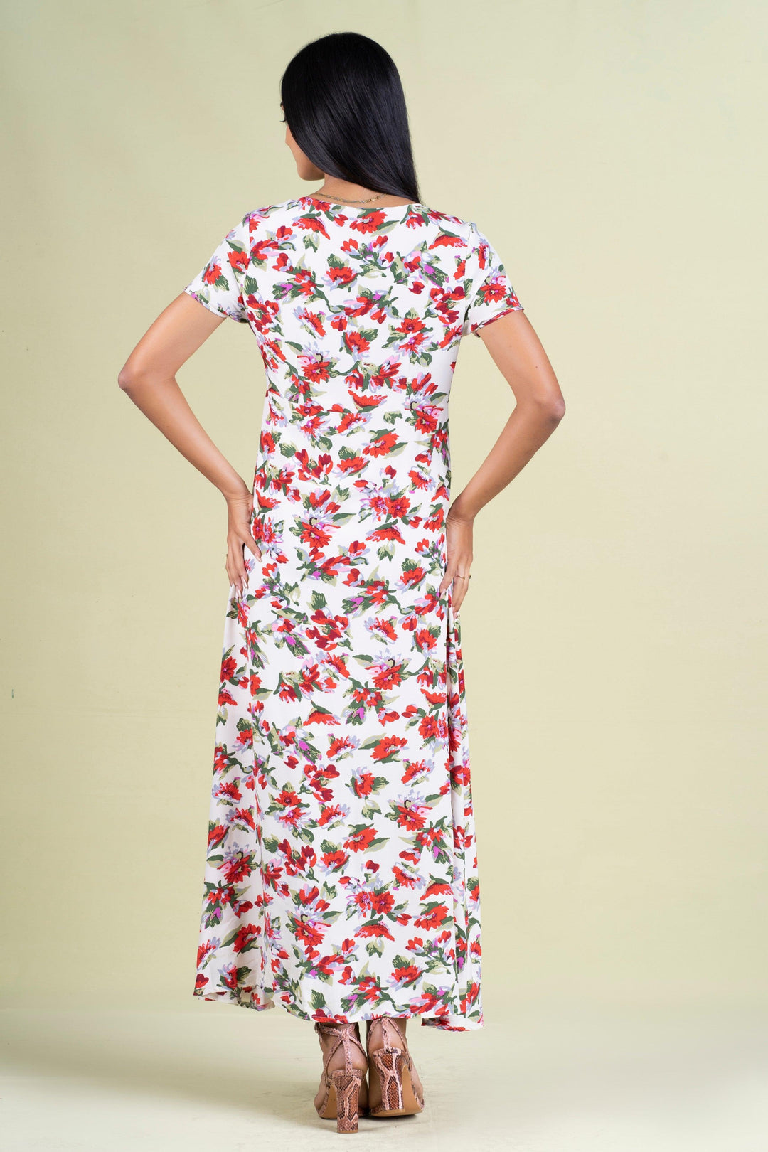 Printed Front Slit Maxi Dress - Slim Fit, Maxi Dress, Holiday, Holiday Dresses, Maxi Dresses, Short Sleeves, Slim Fit - MONDY, Sri Lankan women's clothing office wear party dresses jackets pa