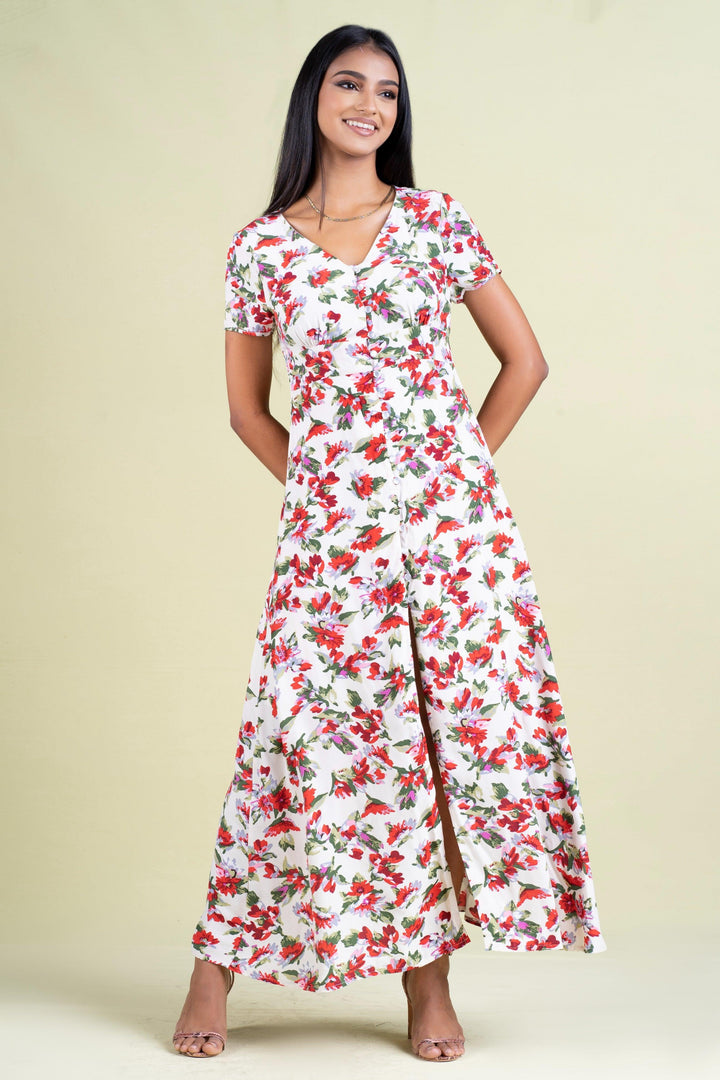 Printed Front Slit Maxi Dress - Slim Fit, Maxi Dress, Holiday, Holiday Dresses, Maxi Dresses, Short Sleeves, Slim Fit - MONDY, Sri Lankan women's clothing office wear party dresses jackets pa