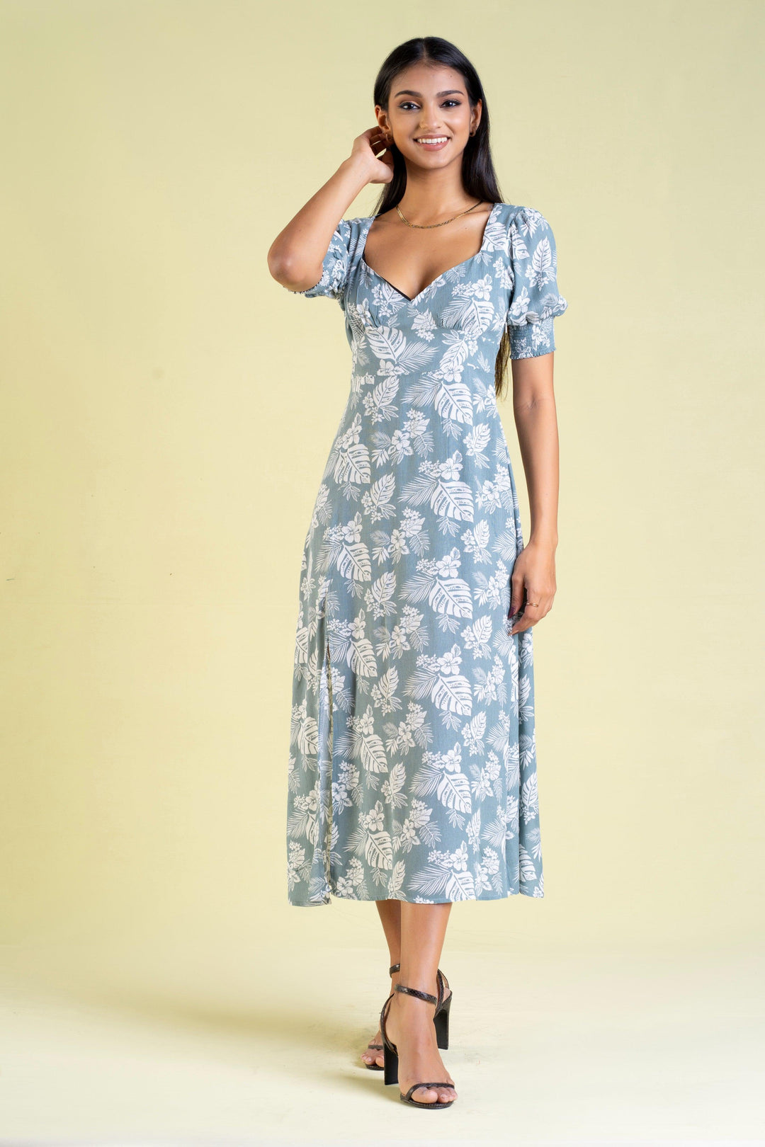 Front Slit Printed Dress - Slim Fit, Dress, Evening Dresses, Midi Dresses, Office Dresses, Short Sleeves, Slim Fit - MONDY, Sri Lankan women's clothing office wear party dresses jackets pants