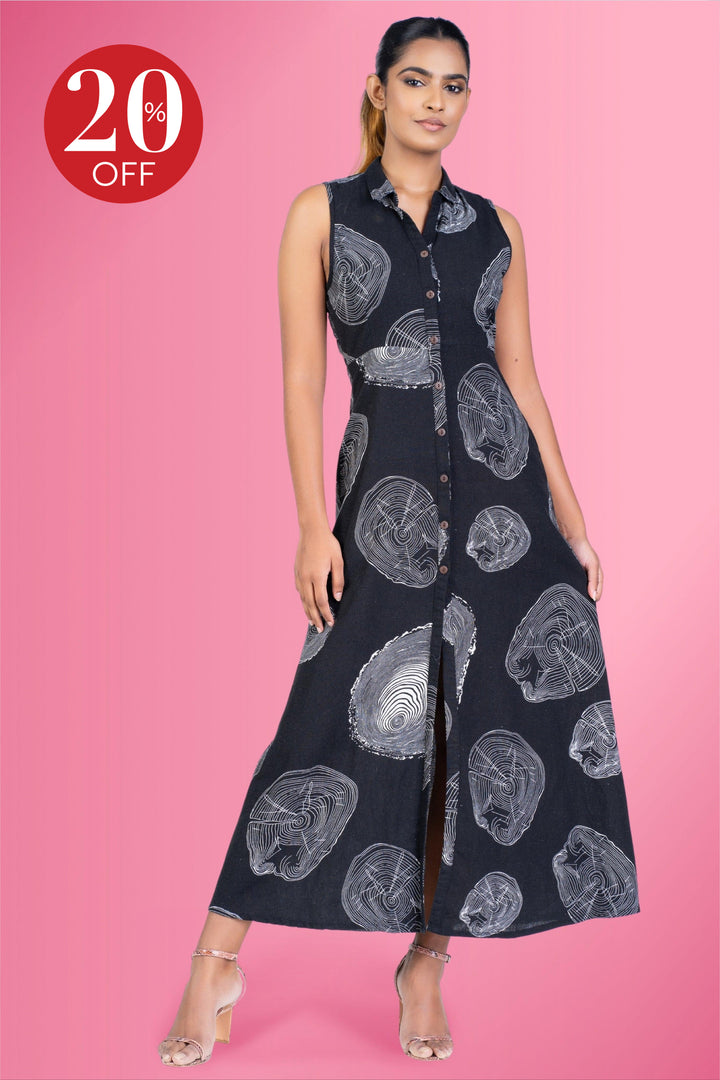 Printed Button Front Maxi Dress - Slim Fit
