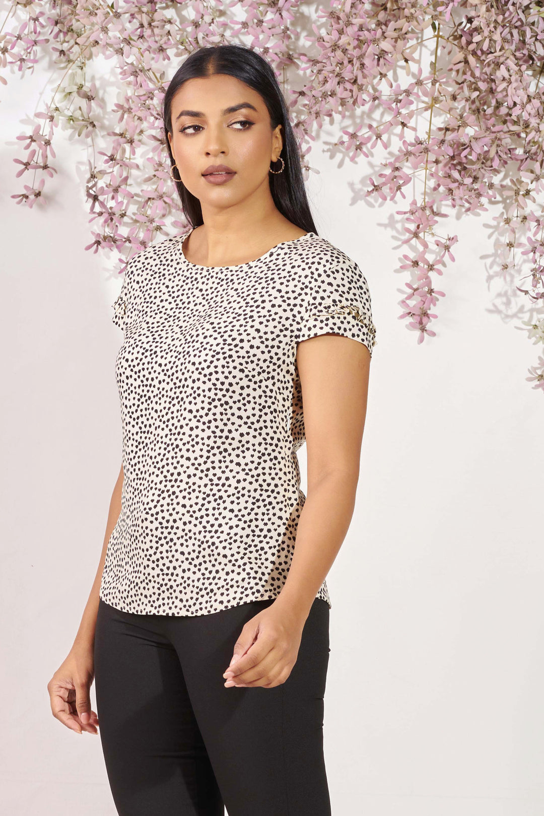 Polka Dot Round Neck Top - Slim Fit, Top, New Arrivals, Office Tops, Round Neck, SH21, Short Sleeves, Smart Casual, Smart Casual Top, Work Top, workwear - MONDY, Sri Lankan women's clothing o