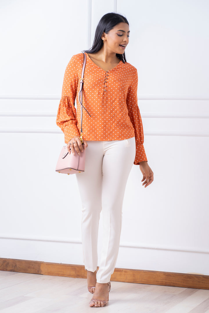 Printed Sleeve Detail V-Neck Top - Relaxed Fit, Top, Long Sleeves, New Arrivals, Relaxed Fit, Smart Casual, Smart Casual Top, V Neck, Work Top, workwear - MONDY, Sri Lankan women's clothing o