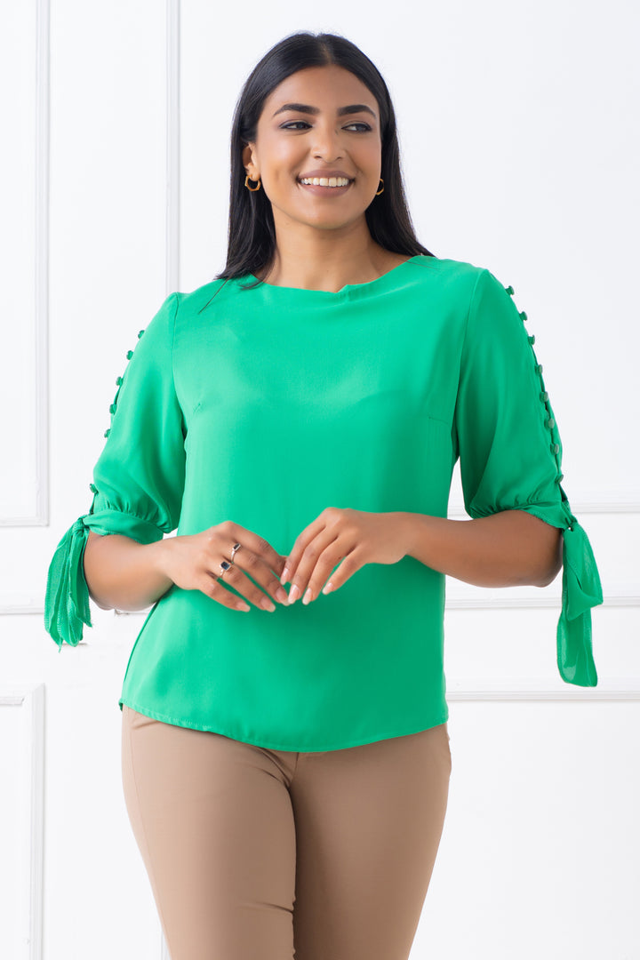 Sleeve Button Detail Top - Regular Fit, Top, New Arrivals, Office Tops, Regular Fit, Round Neck, Short Sleeves, Smart Casual, Smart Casual Top, Work Top, workwear - MONDY, Sri Lankan women's 