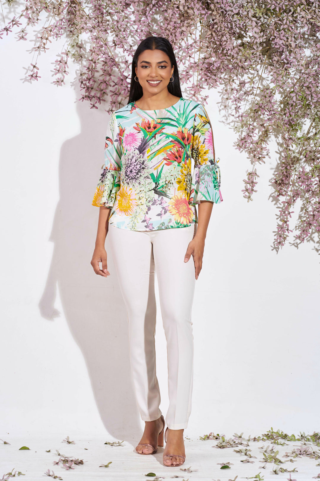 Sleeve Slit Detail Top - Regular Fit, Top, New Arrivals, Round Neck, SH21, Smart Casual, Smart Casual Top, Three Quarter Sleeve, Work Top, workwear - MONDY, Sri Lankan women's clothing office