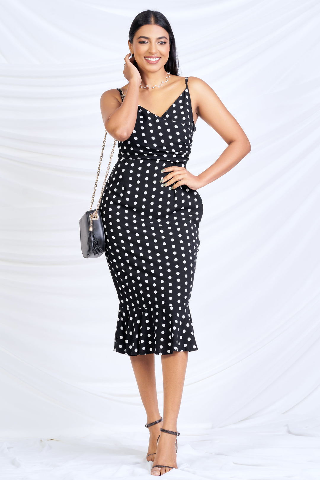 Polka Dot Midi Dress - Slim fit, Dress, Evening Dresses, Evening Wear, Everyday Dresses, Holiday, Holiday Dresses, Midi Dresses, New Arrivals, SH20, Slim Fit, Smart Casual, Smart Casual Dress