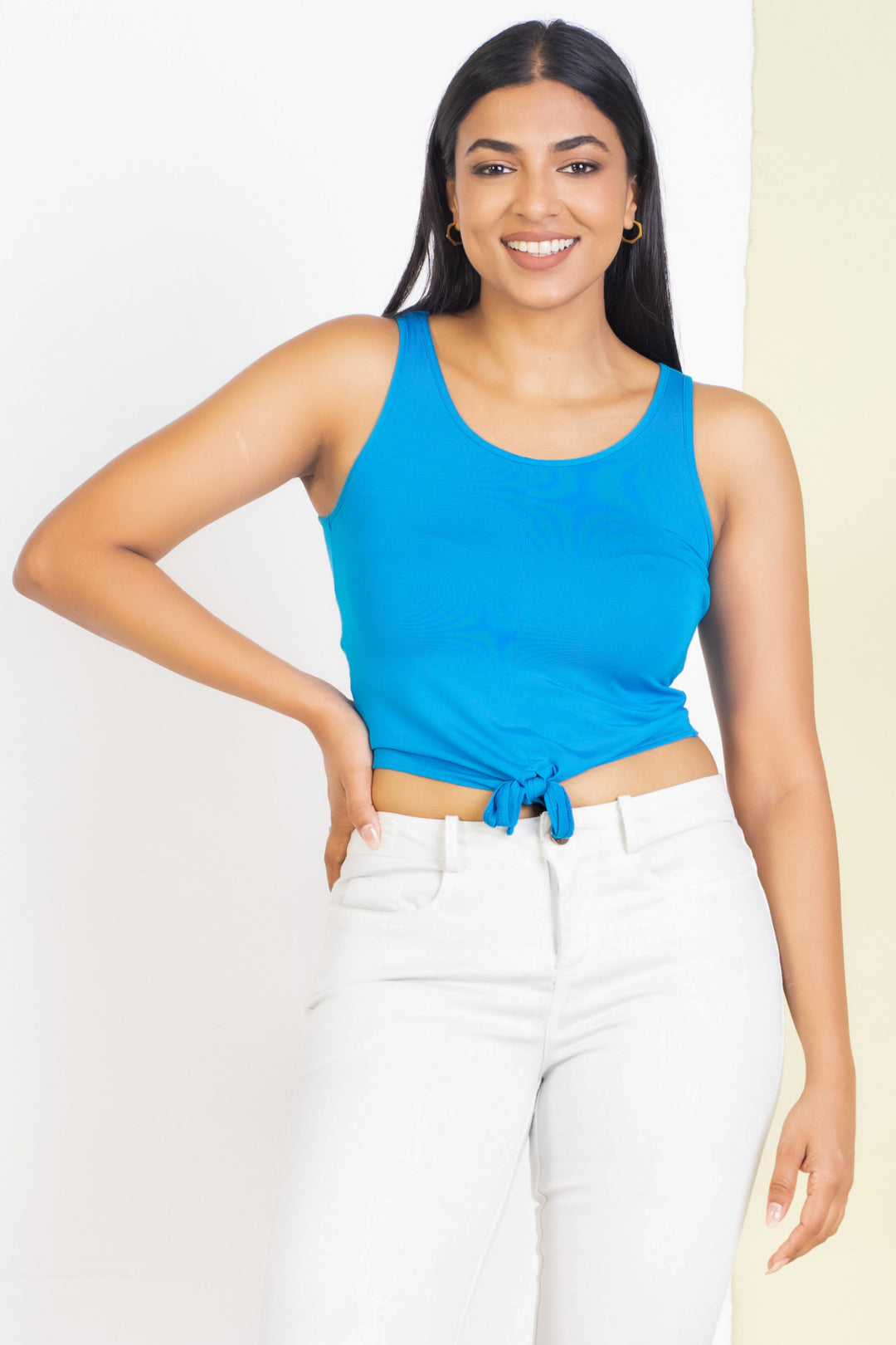 Electric Blue Front Knot Crop Top - Slim Fit, Top, Crop Top, Holiday, Holiday Tops, Round Neck, SH19, Sleeveless, Slim Fit - MONDY, Sri Lankan women's clothing office wear party dresses jacke