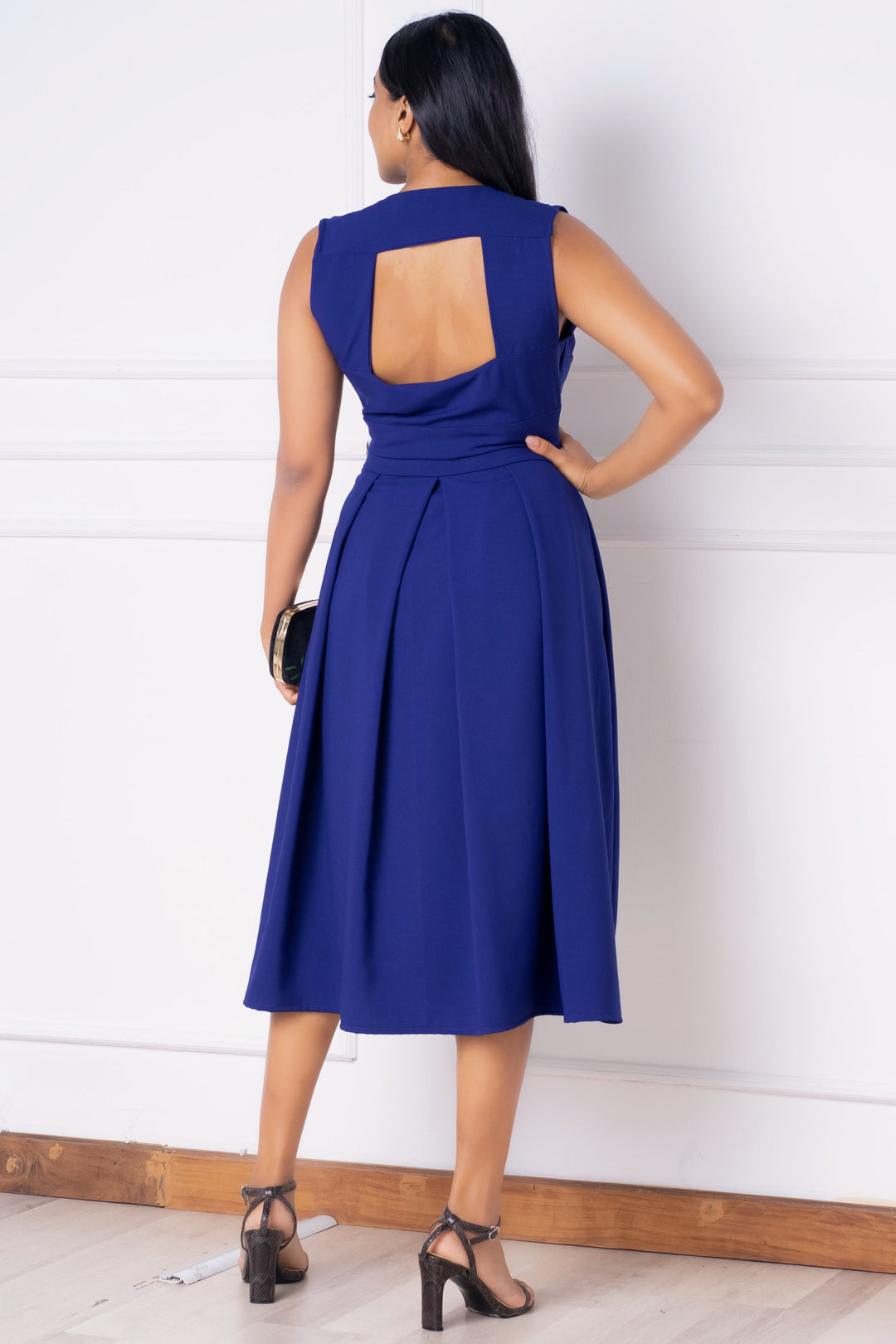 Blue Pleat Detail Skater Midi Dress, Dress, Evening Dresses, Evening Wear, Midi Dresses, New Arrivals, Office Dresses, SH18, Sleeveless, Smart Casual, Smart Casual Dress, V Neck, Work Dress, 