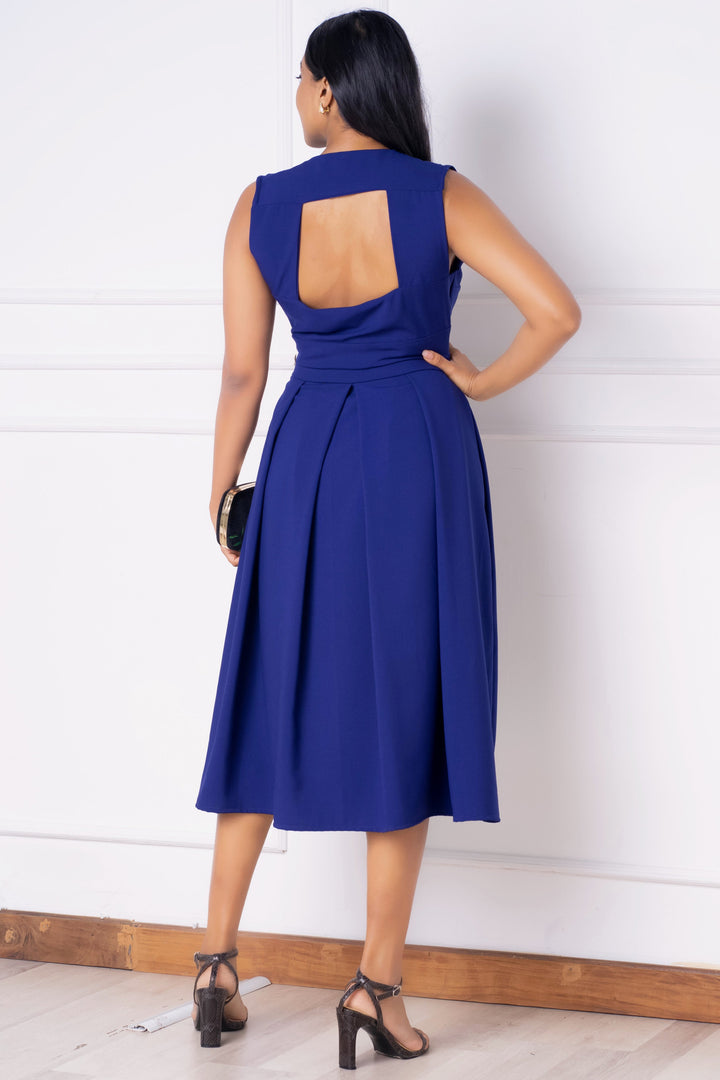 Blue Pleat Detail Skater Midi Dress, Dress, Evening Dresses, Evening Wear, Midi Dresses, New Arrivals, Office Dresses, SH18, Sleeveless, Smart Casual, Smart Casual Dress, V Neck, Work Dress, 