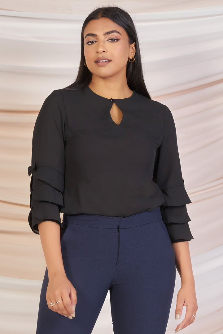 Black Bow Detail Three Quarter Sleeve Top- Slim Fit