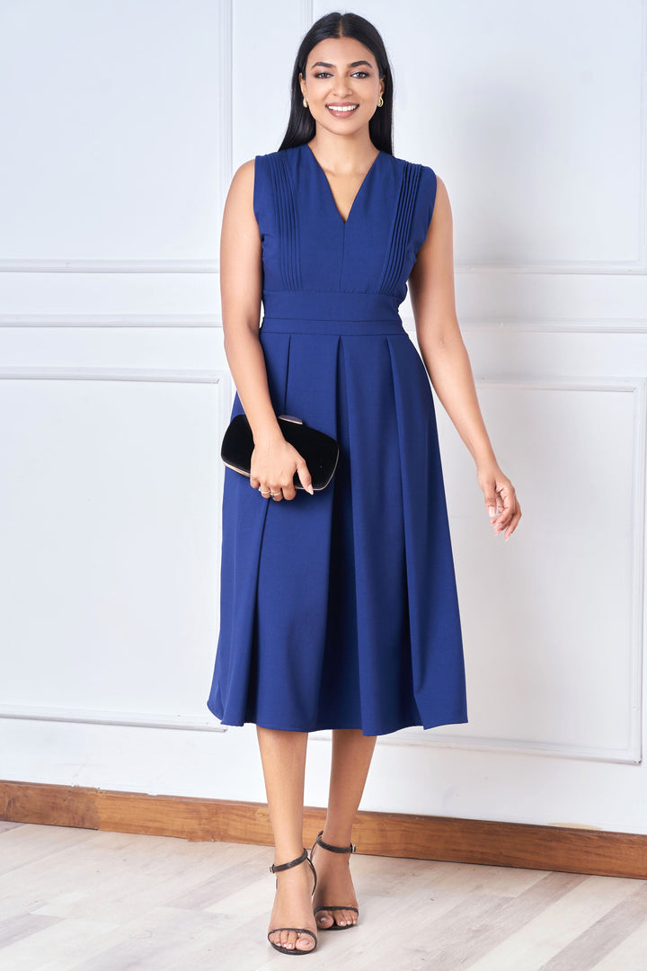 Blue Pleat Detail Skater Midi Dress, Dress, Evening Dresses, Evening Wear, Midi Dresses, New Arrivals, Office Dresses, SH18, Sleeveless, Smart Casual, Smart Casual Dress, V Neck, Work Dress, 