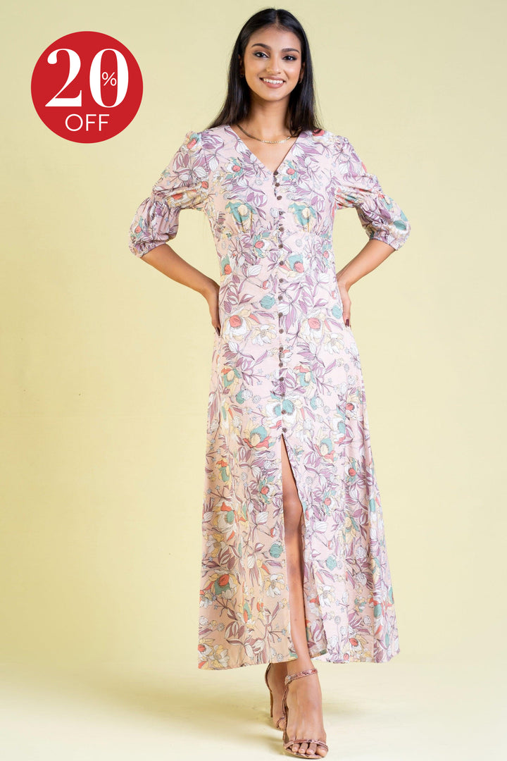 Printed Buttoned Front Maxi Dress - Slim Fit