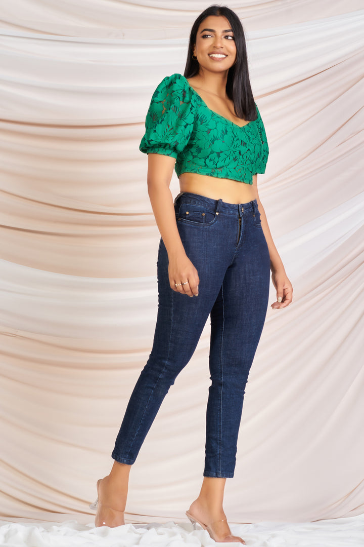Green Lace Puff Sleeve Crop Top - Slim Fit