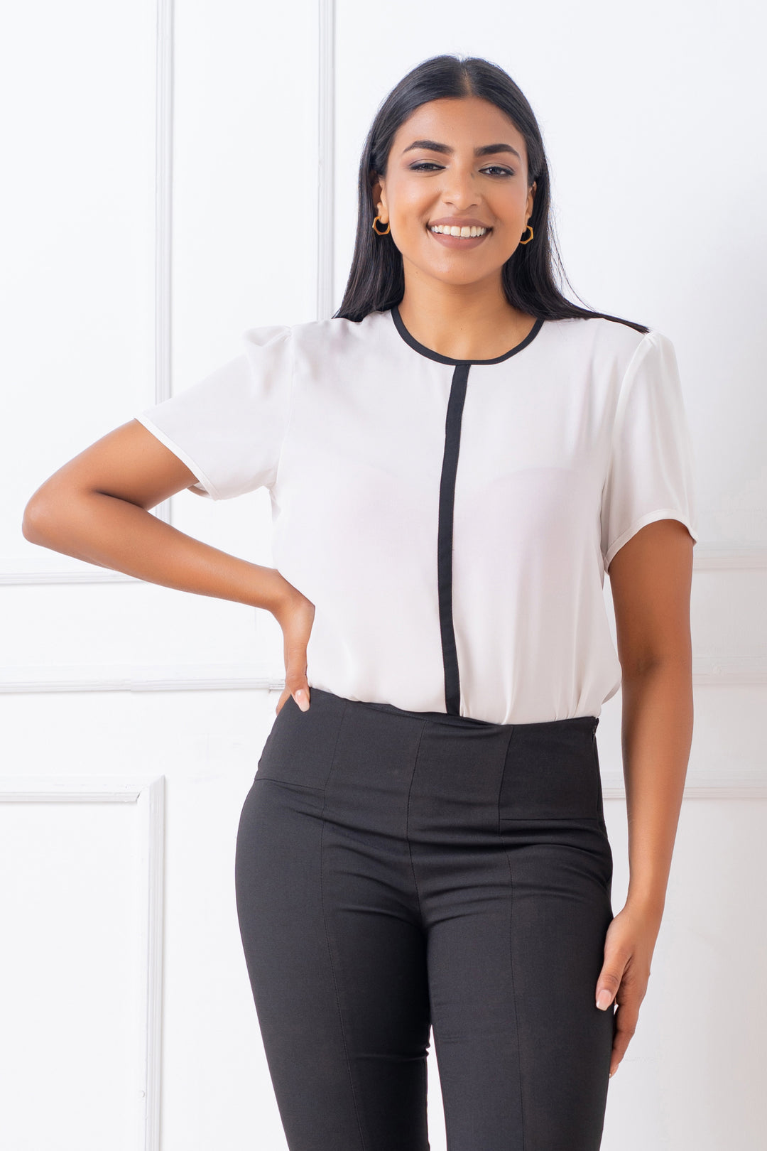 Black & White Contrast Pipping Top - Regular Fit, Top, High Neck, New Arrivals, Office Tops, Regular Fit, Short Sleeves, Smart Casual, Smart Casual Top, Work Top, workwear - MONDY, Sri Lankan