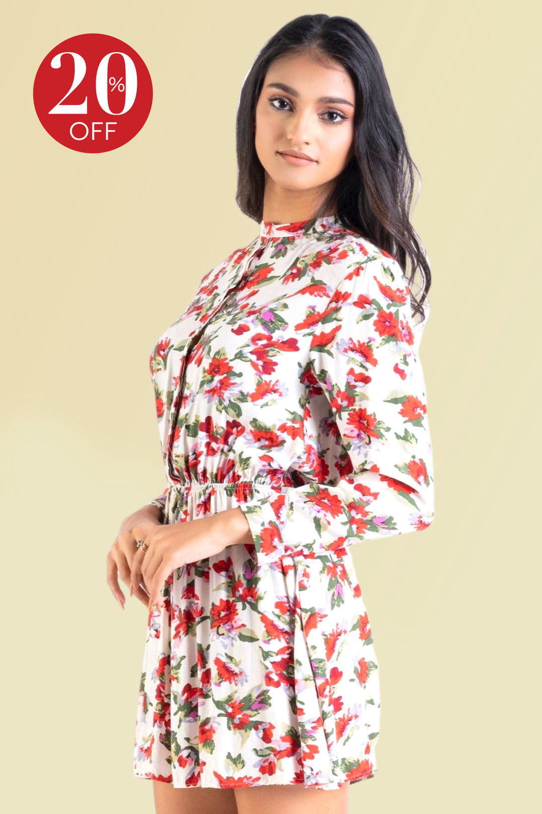 Long Sleeve Gathered Waist Playsuit - Regular Fit