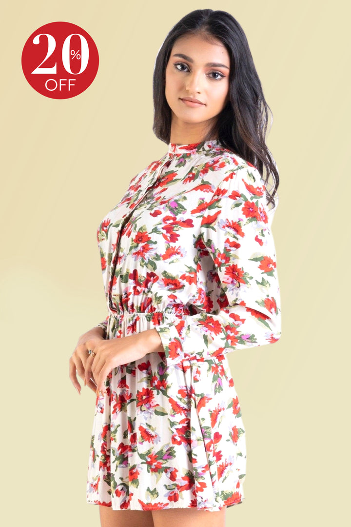 Long Sleeve Gathered Waist Playsuit - Regular Fit