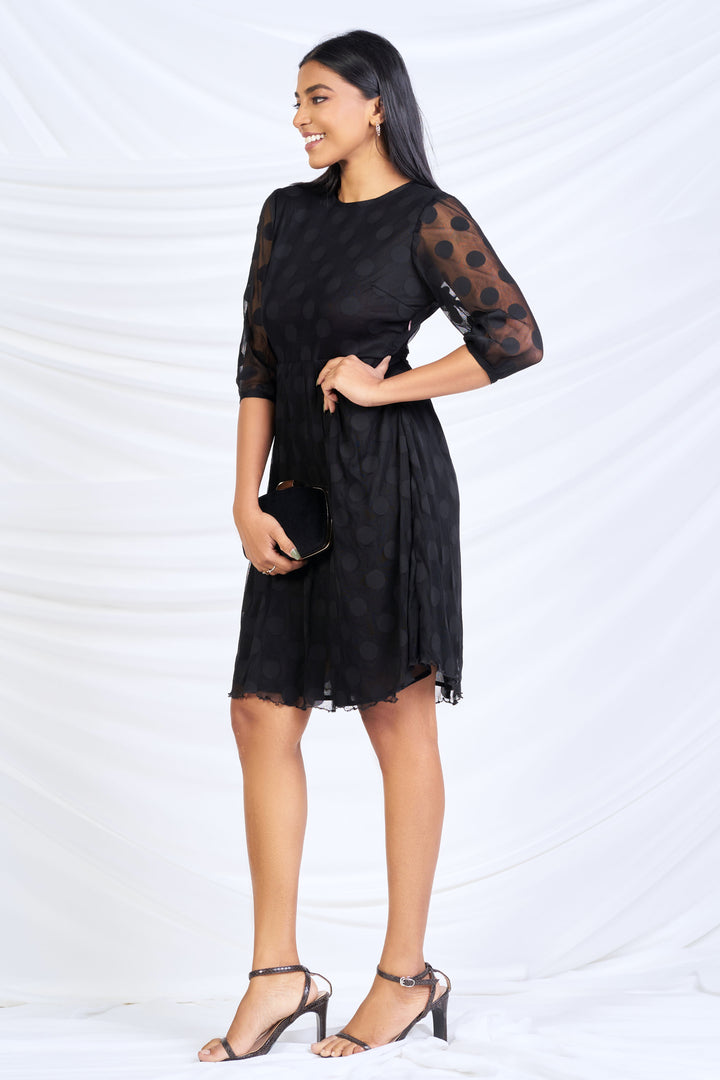 Black Lace Dot Skater Dress - Slim Fit, Dress, Evening Dresses, Evening Wear, New Arrivals, Round Neck, SH20, Slim Fit, Smart Casual, Smart Casual Dress, Three Quarter Sleeve - MONDY, Sri Lan